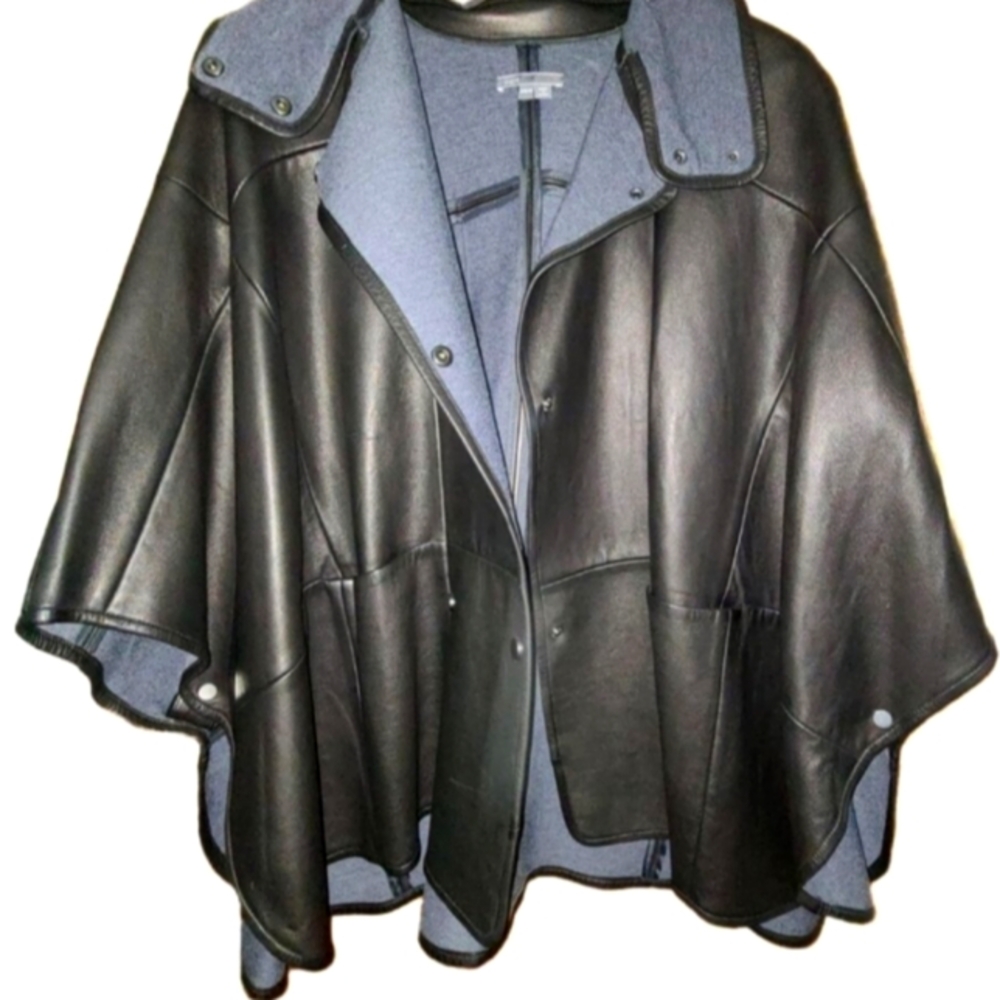 VINCE S Black Lambskin Leather Cape Gilet Poncho Jacket Coat